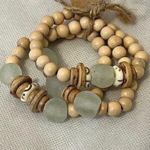 Twine & Twig Trio Stack Bracelet Set -Cream + Mist Wood Beads Stretch Bracelets